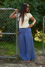 Washed Linen Wide Leg Pant Navy Stripe