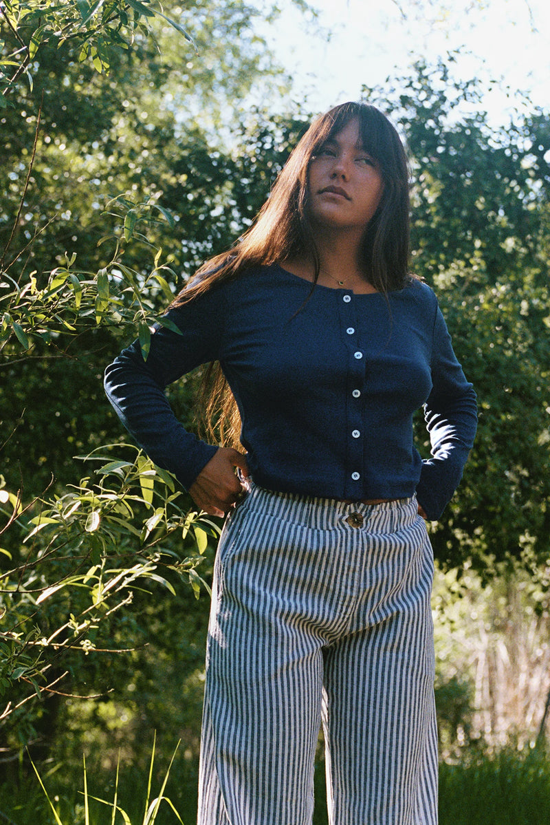 Washed Stripe Linen Trouser Navy Stripe