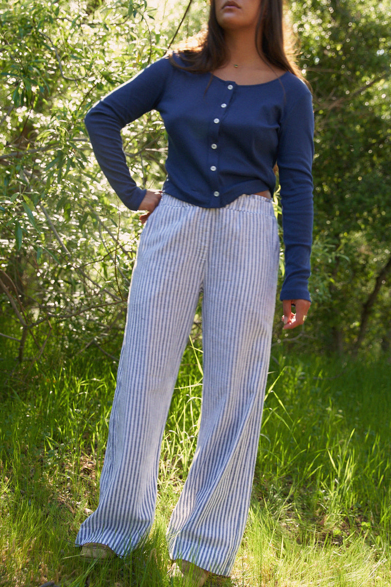 Washed Stripe Linen Trouser Navy Stripe