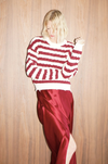 Devi Distressed Cable Knit Sweater Ivory/Burgundy Stripe