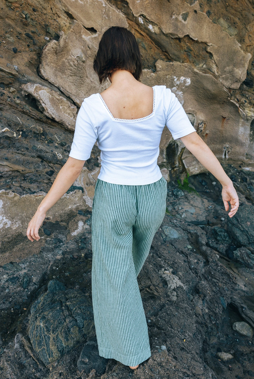 Washed Linen Trouser Green Stripe