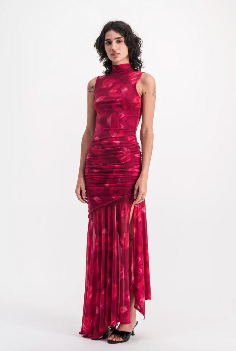 Abstract FLoral Mesh Maxi Dress
