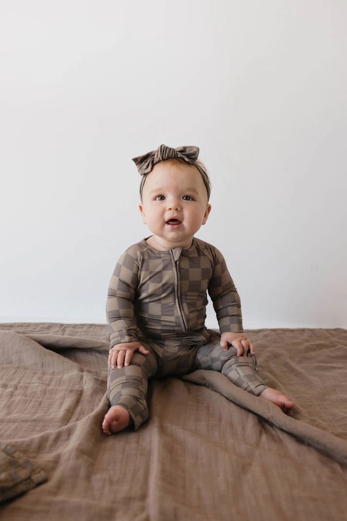 Bamboo Zip Pajamas Faded Brown Checkerboard