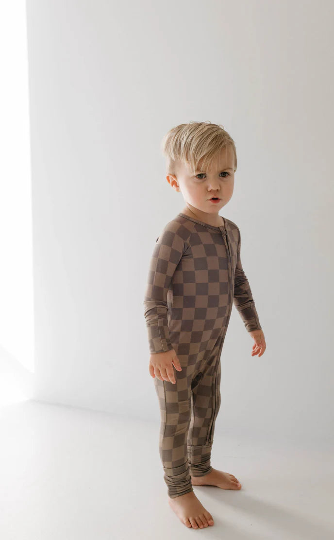 Bamboo Zip Pajamas Faded Brown Checkerboard
