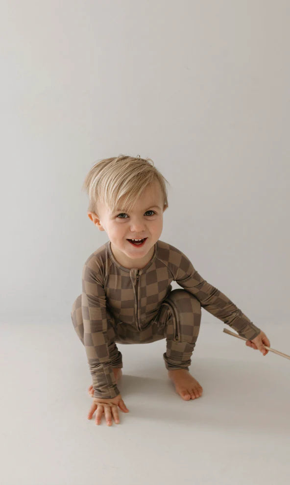 Bamboo Zip Pajamas Faded Brown Checkerboard