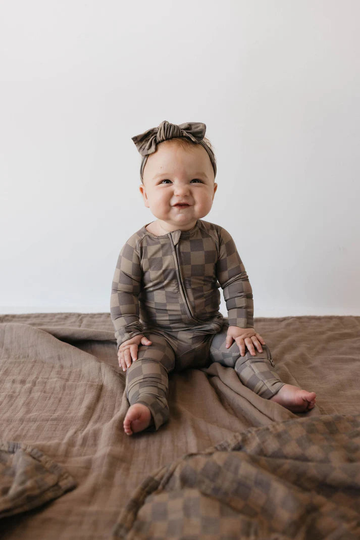 Bamboo Zip Pajamas Faded Brown Checkerboard
