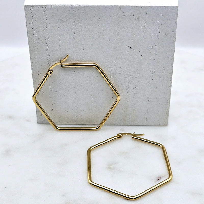 Hexagon Gold Hoops Large