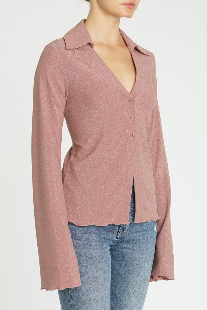 Aleah Long Sleeve Collared Top Rose Shimmer