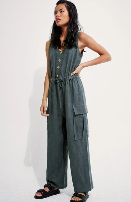 Linen Lounge Cargo Jumpsuit Cement